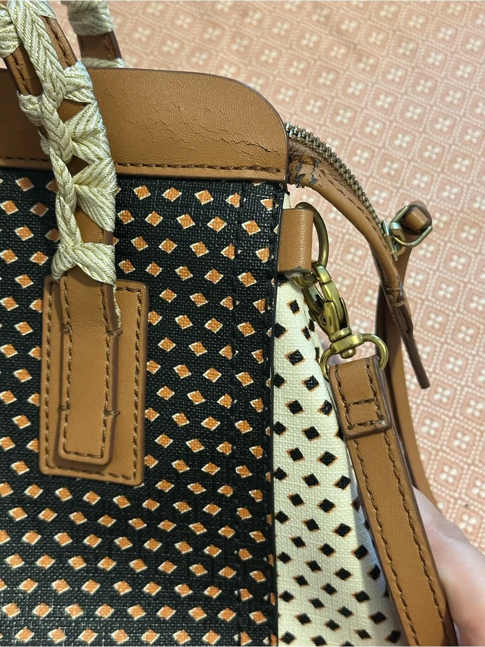 Fossil Black and Tan Patterned Satchel with White Sides